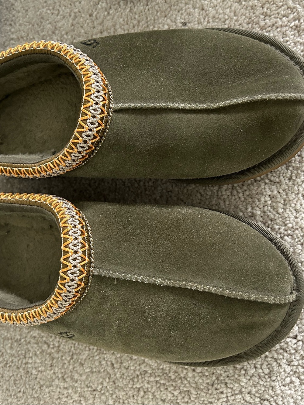 Uggs , Olive Green Suede Slip-On Slippers with Decorative Trim